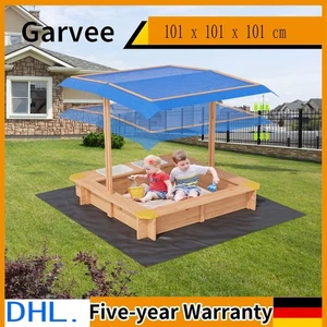 Holz Sandkasten mit verstellbarem Dach Sandkiste Sandbox Spielhaus Bodenplane - Bild 1 von 9