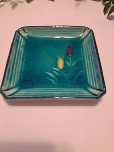 Glazed Pottery Crackle Glass Square Trinket /ashtray Blue Green Flower Dish 5x5 - Picture 1 of 3