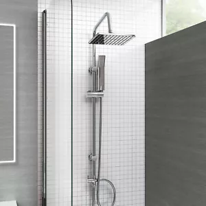 Shower Kit Twin Head Waterfall Chrome Adjust Riser Rail with Chrome Square Set - Picture 1 of 8