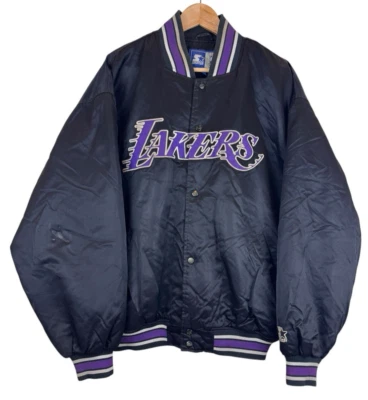 Chaqueta de satén negra vintage Starter NBA Los Angeles Lakers para hombre talla XL *VER Foto 1 de 4