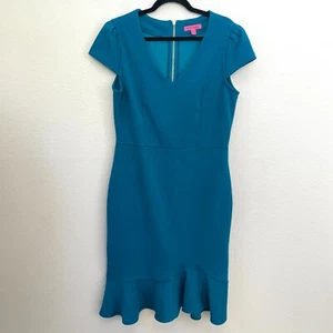 Betsey Johnson Womens 12 Teal Flounce Hem Sheath Dress Cap Sleeve V Neck - Picture 1 of 11