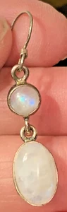 Moonstone Blue Flash Dangle Drop Earrings 2 Stone Round/ Oval 925 Sterling E-11 - Picture 1 of 5