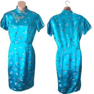 Vintage Peony Brand Size 38 Dress Aqua Blue Floral 100% Rayon Shanghai - Picture 1 of 4