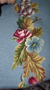 VINTAGE HANDWORKED NEEDLEPOINT BELL PULL / TABLE RUNNER FLOWERS AND FRUIT PETIT
