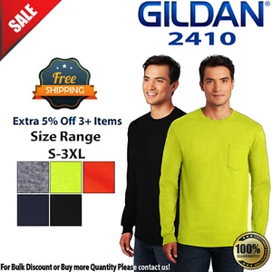 Gildan 2410 Mens Long Sleeve Ultra Cotton Crew Neck Stylish T-Shirt With Pocket - Picture 1 of 9