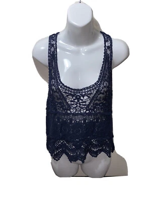 Womens Eyeshadow Boho Tank Top Navy Blue Mesh Back, Crochet Size Medium Nylon - Imagem 1 de 4