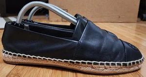 Tory Burch Sz 6 Black Leather Espadrille Loafers Flats Logo Slip On Beach Summer - Picture 1 of 9