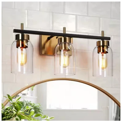 Zevni Modern Brass Gold Bathroom Vanity Light w/ Cylinder Clear Glass Shades - Image 1 of 4