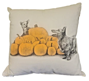 Maya Pickles Pillow w/Corgis and Pumpkins 17" x 17" - Picture 1 of 4