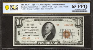 1929 $10 FIRST NATIONAL BANKNOTE CURRENCY EASTHAMPTON MA PCGS UNC 65 PPQ (438) - Picture 1 of 2