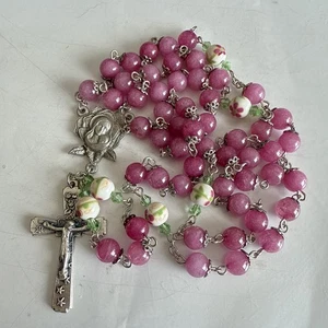 Vintage Heavy Italian Lavender Pink Stone Glass Floral Beads Rosary Italy - Picture 1 of 6