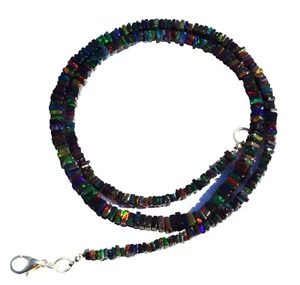 Smoke Heated Black Opal 3 to 5mm Rainbow Fire Square Heishi Beads Necklace 19" - Picture 1 of 5