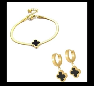 Conjunto Pulsera Mujer Chapado en Oro 18K Acero Inoxidable Regalo 4 Hojas Trébol - Imagen 1 de 9