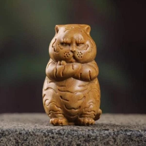 Arm Crossed Big Cat Wooden Statue animal Carving Wood Figure Decor Children Gift - Picture 1 of 4