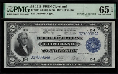 Billete de 2 dólares de la Reserva Federal de Cleveland de 1918 - acorazado FR-759 - PMG 65 EPQ Foto 1 de 2
