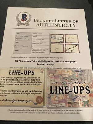 1987 Minnesota Twins 2/10 2017 Historic Autographs Line Ups - Image 1 of 4