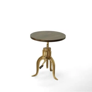 19 Brass Solid Wood And Iron Height Adjustable Round End Table - Picture 1 of 1