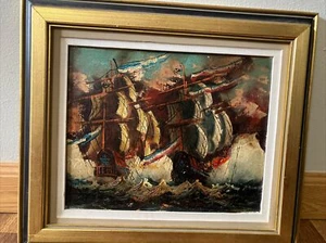 Original MCM  18th Cent. Frigate Battleship Scene Oil On Canvas, 9" x 11" - Picture 1 of 18