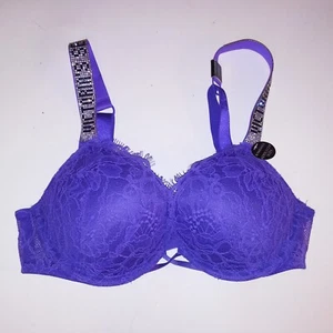 Victoria Secret Bra 32A Bombshell Push Up Purple Lace Shine Strap Logo New - Picture 1 of 9
