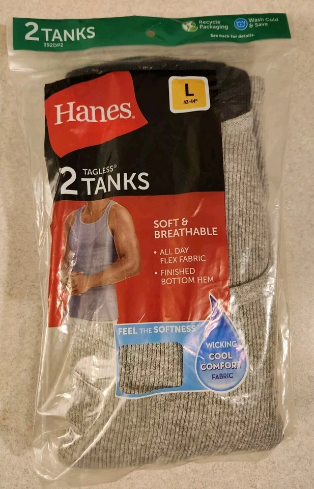 Two Packs Hanes Men's L Tagless Tanks 2 TANKS Undershirts GRAY & BLACK Ribbed