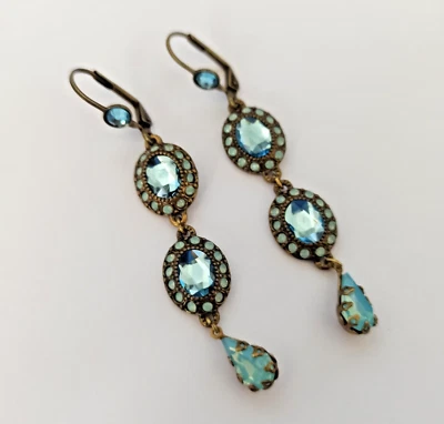 Michal Negrin Earrings Light Ice Blue Crystals Long Runway Sparkly Cocktail Gift - Image 1 of 4