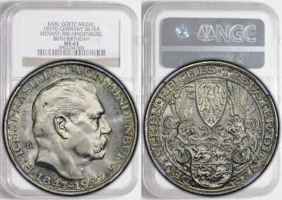 Germany, Weimar Republic, Medal 5 Mark 1927, Hindenburg, Goetz, NGC MS 63 - Image 1 of 4