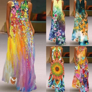 Übergröße UK Damen Urlaub Bedrucktes Maxikleid Sommer Strand Top Sommerkleid ( 〒 - Picture 1 of 18
