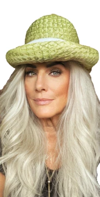 VTG HAT  Mr. John Classic Green Straw Flower Detail Small Head Brimmed Pillbox - Image 1 of 4