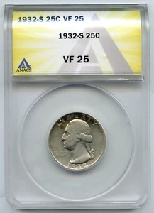 1932-S Washington Silver Quarter ANACS VF 25 Certified - San Francisco Mint A851 - Picture 1 of 4