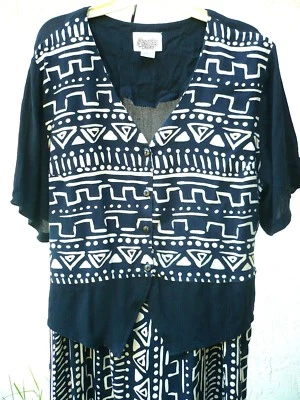 DE COLECCIÓN AÑOS 90 GAUZY RAYON TALLA L XL 1X NEGRO BLANCO ROTO ÉTNICO GEOMÉTRICO CHALECO VESTIDO MUJER Foto 1 de 4