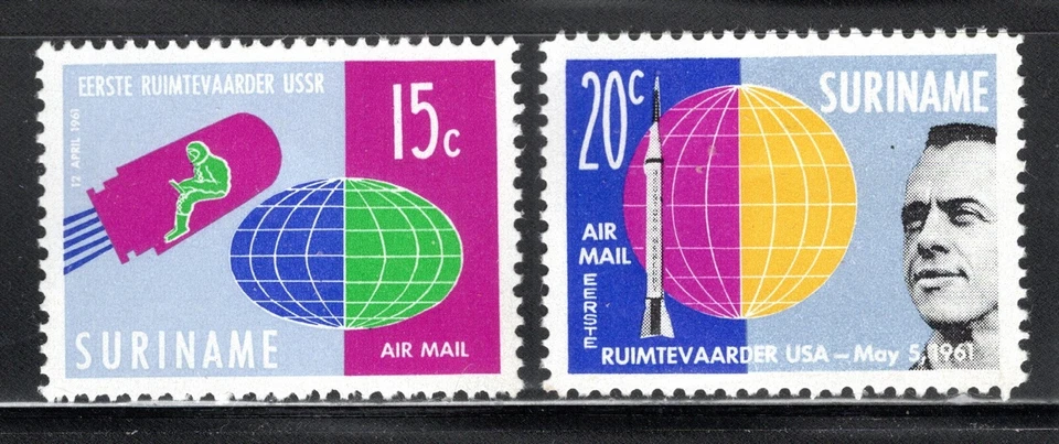Suriname Stamp Scott #C28-C29, Air Mail, Space Program, Set of 2, MLH, SCV$2.00 - Image 1 of 1