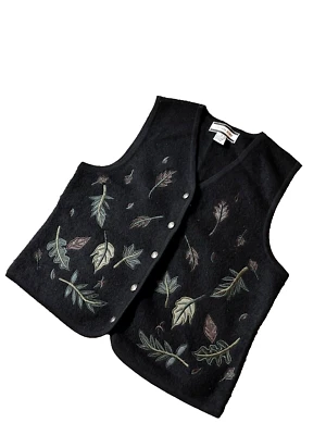 复古 90 年代水晶神户 100% 羊毛黑色刺绣叶背心女式中号  — 第 1/4 张图片