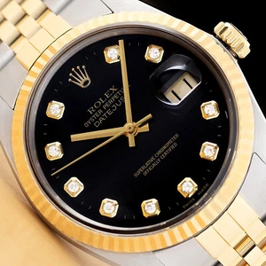 ROLEX MENS DATEJUST 16013 BLACK DIAMOND DIAL 18K YELLOW GOLD STEEL 2-TONE WATCH - Picture 1 of 8