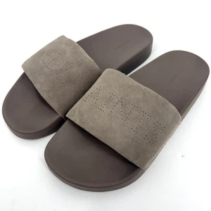 ALL SAINTS Allsaints Karli Suede Brown Slides Size 39 NEW Perforated Logo - Picture 1 of 8