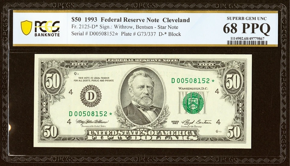 FR 2125-D 1993 $50 STAR Note PCGS Superb Gem Unc 68 PPQ - Image 1 of 2