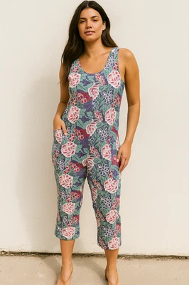 Laura Ashley 花卉无袖连身裤纽扣前大圆领 10 码 — 第 1/4 张图片