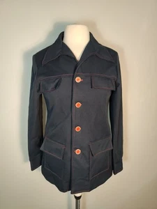 Vtg 70s Polyester Leisure Jacket Shirt Navy Blue Red Buttons Stitching Sz S - Picture 1 of 18