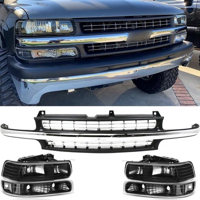 Black Bumper Grille&Headlights For Chevy 99-02 Silverado LD 00-06 Suburban Tahoe Foto 1 de 4