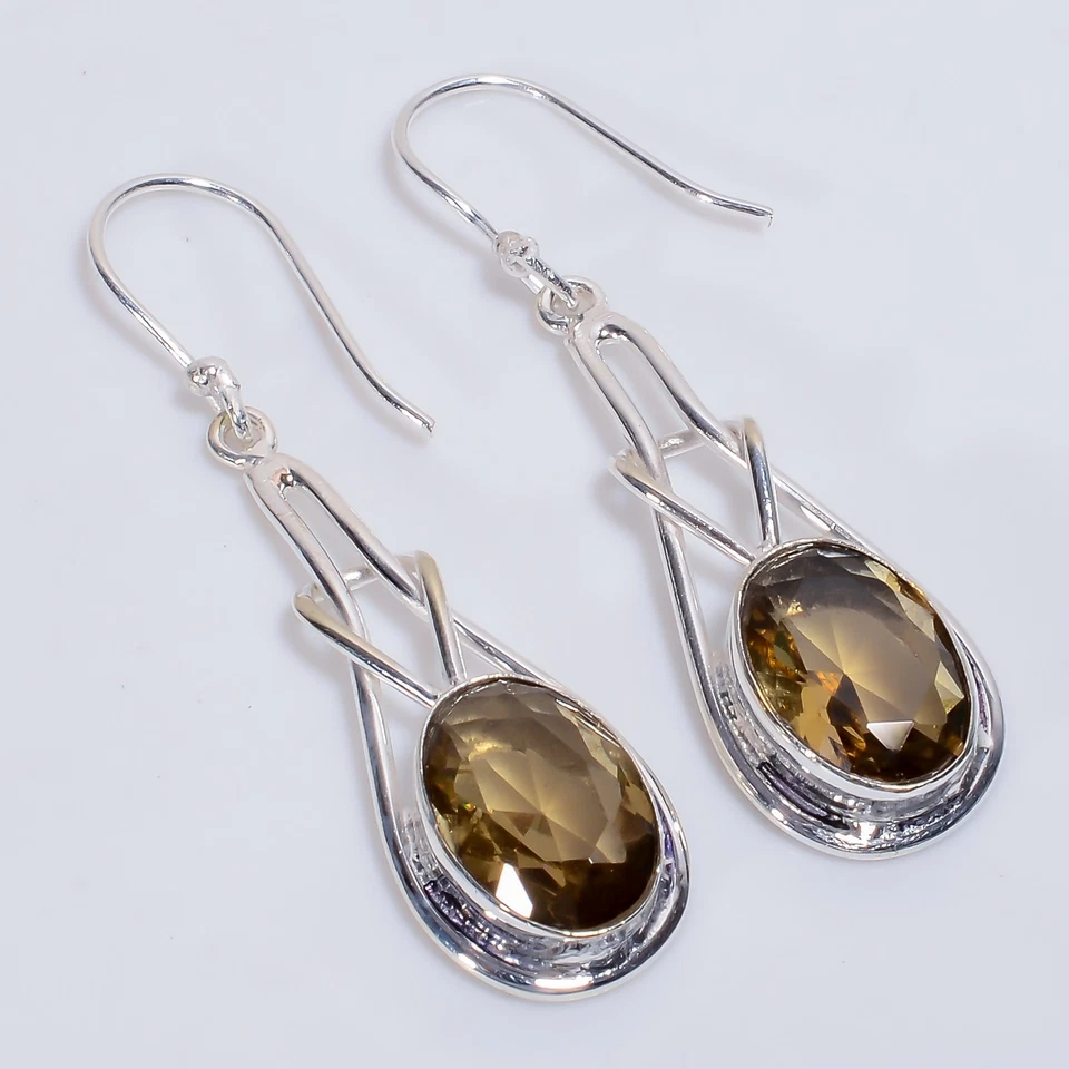 Smoky Quartz Gemstone Ethnic Handmade 925 Sterling Silver Earrings 2" i104 - Image 1 of 4