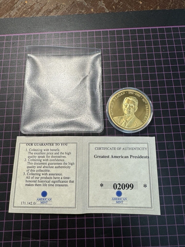 American Mint Gold Plated Coin Greatest Presidents Ronald Reagan w/COA - Image 1 of 4