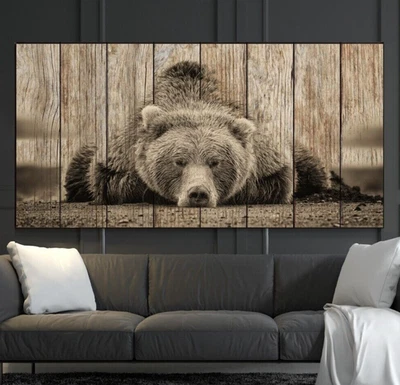 XXL LEINWAND BILD 180x85x5 BÄR NATUR WANDBILD VINTAGE SHABBY BRAUN HOLZ-BRETTER - Bild 1 von 2
