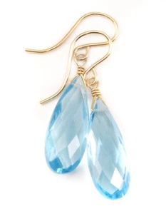 Swiss Blue Simulated Topaz 14k Solid Gold  Earrings Long Sterling Silver Drops - Picture 1 of 4