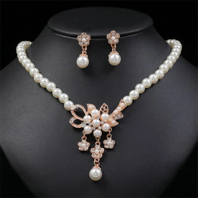White Pearl Flower Dangle Necklace Earring Elegant Wedding Party Jewelry Set - Image 1 of 4