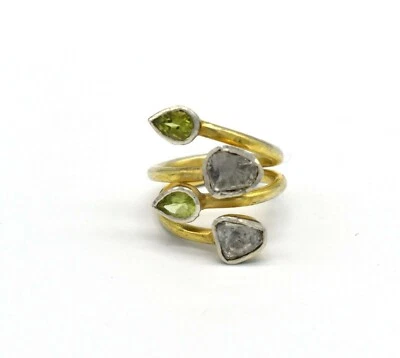 Atemberaubend Polki Diamant & Peridot 925 Sterlingsilber Retro Ring Hochzeit - Bild 1 von 4