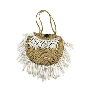 Tasseled straw circular beach straw Coconut Button bag Tote Purse - Picture 1 of 8