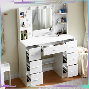 Modern Dresser Desk with 7 Drawers and Shelves 10 LED Lighted Mirror UK - Picture 1 of 9