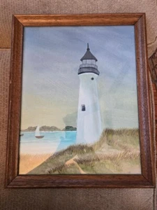 Vintage Wood Framed Artwork Painting Lighthouse Beach 15x12  - Picture 1 of 4
