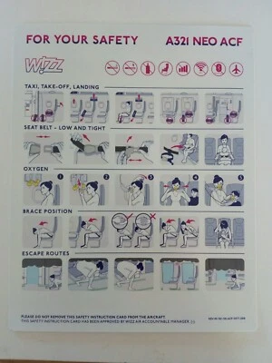 WIZZAIR Airbus A321 NEO ACF Safety Card Istruzioni Salvataggio Aereo OTT 2018 - Immagine 1 di 2