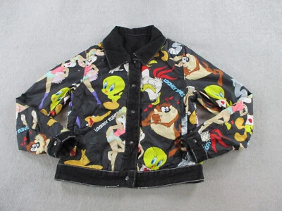 Members Only Jacket Womens Medium Black Denim Looney Tunes Reversible Print Taz - Image 1 of 4