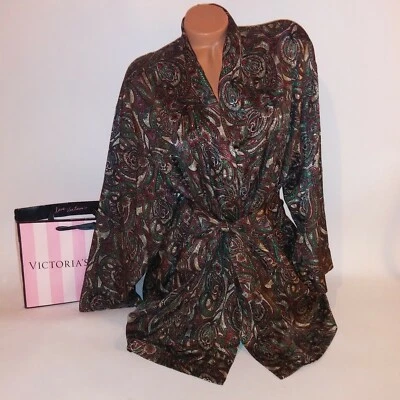Bata vintage Victoria Secret talla única satinada kimono rojo verde beige cachemira 1996 Foto 1 de 4